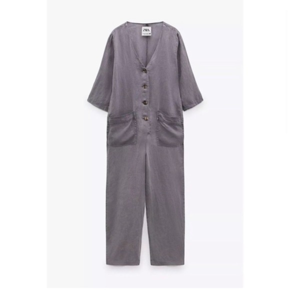 New! Zara The Lillian Gray 100% Linen ButtonFront Jumpsuit Small - Picture 10 of 11